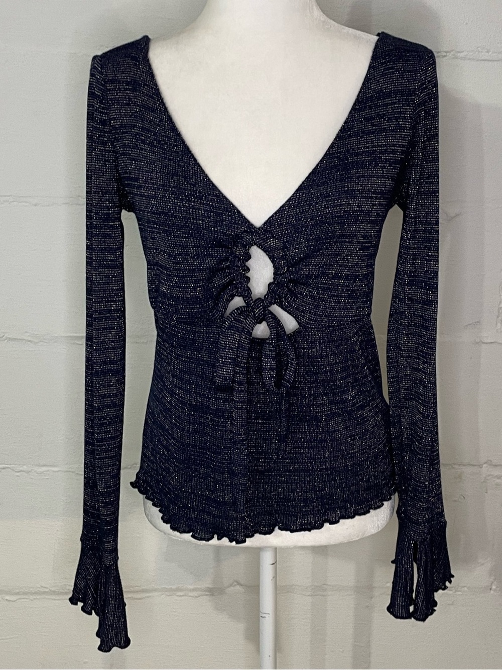 Free People Navy Metallic Tie-Front Long Sleeve Top